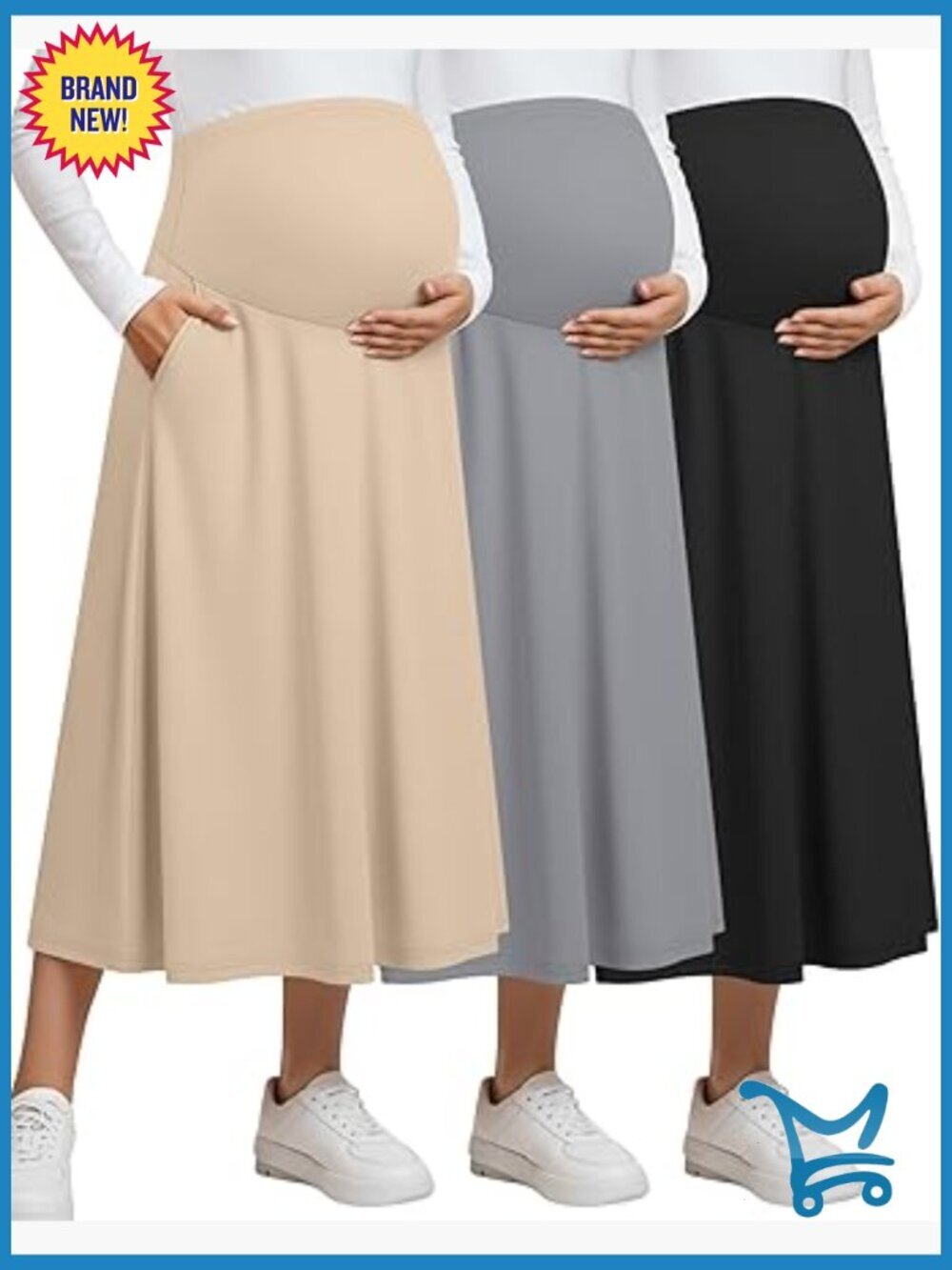 3 Pack Maternity Maxi Long Skirts Over The Belly High Waisted Ankle Length